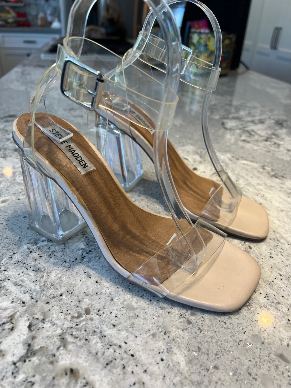 Steve Madden Camille Clear Block Heel Sandals Neutral Size 7 EUC